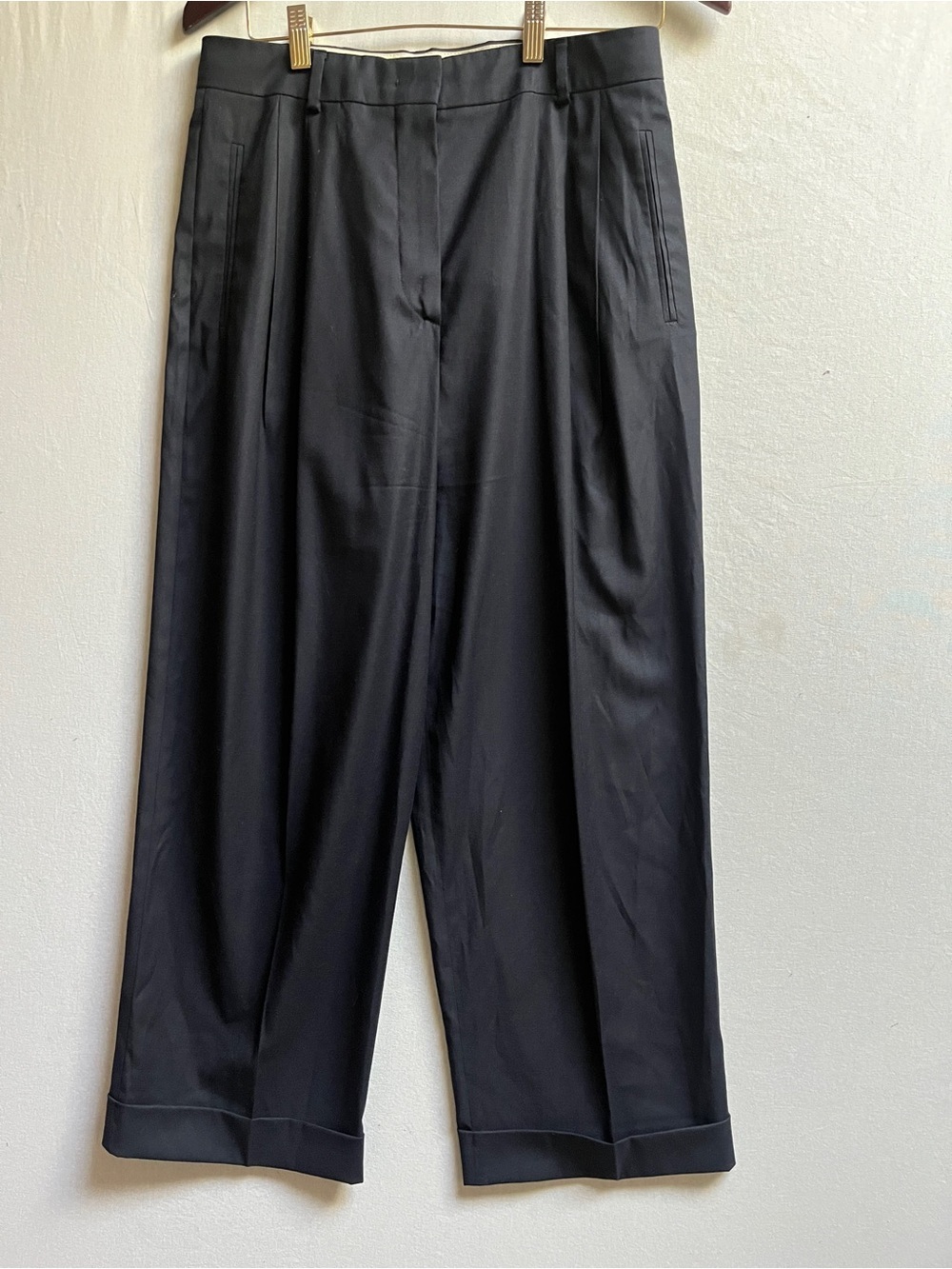 Max Mara Studio Virgin Wool Blend Pleated Wide Leg Cuffed Trousers 12
